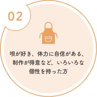 唄が好き、体力に自信がある、 制作が得意など、いろいろな 個性を持った方